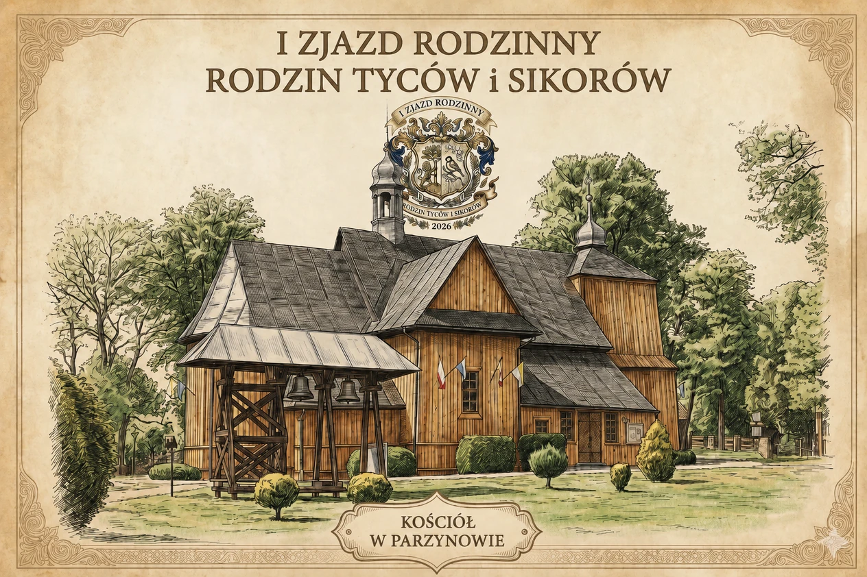 Kościół w Parzynowie — grafika I Zjazdu Rodzinnego Tyców i Sikorów