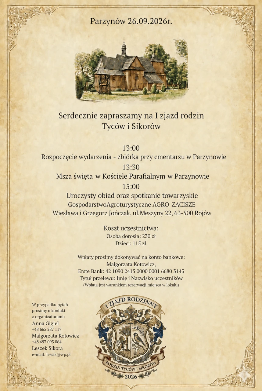Zaproszenie z programem I Zjazdu Rodzinnego Tyców i Sikorów