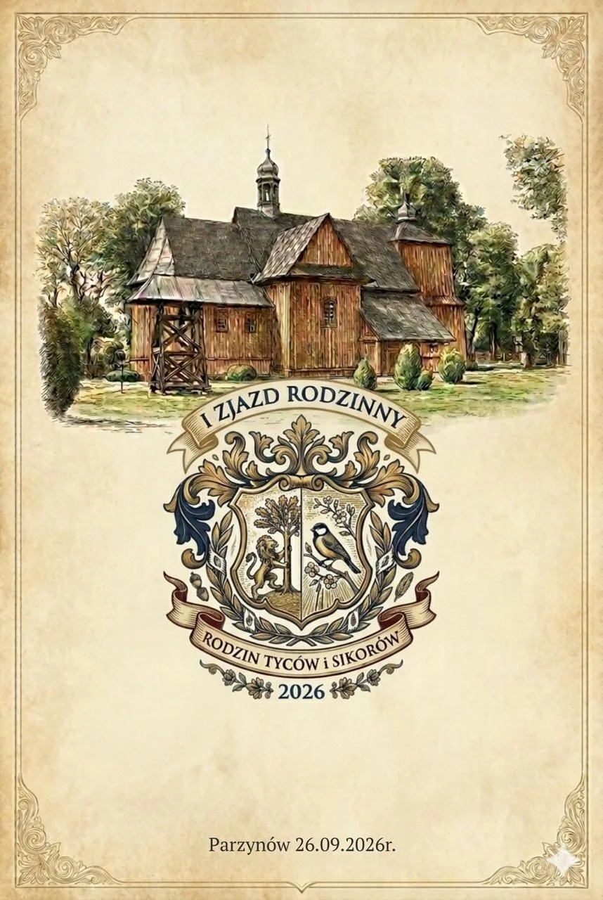 Pamiątkowa grafika I Zjazdu Rodzinnego Tyców i Sikorów z kościołem w Parzynowie i herbem rodzinnym